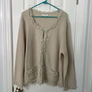 Roz & Ali Beige Fringe Knit Cardigan Sweater 2X Wool Blend Button Front